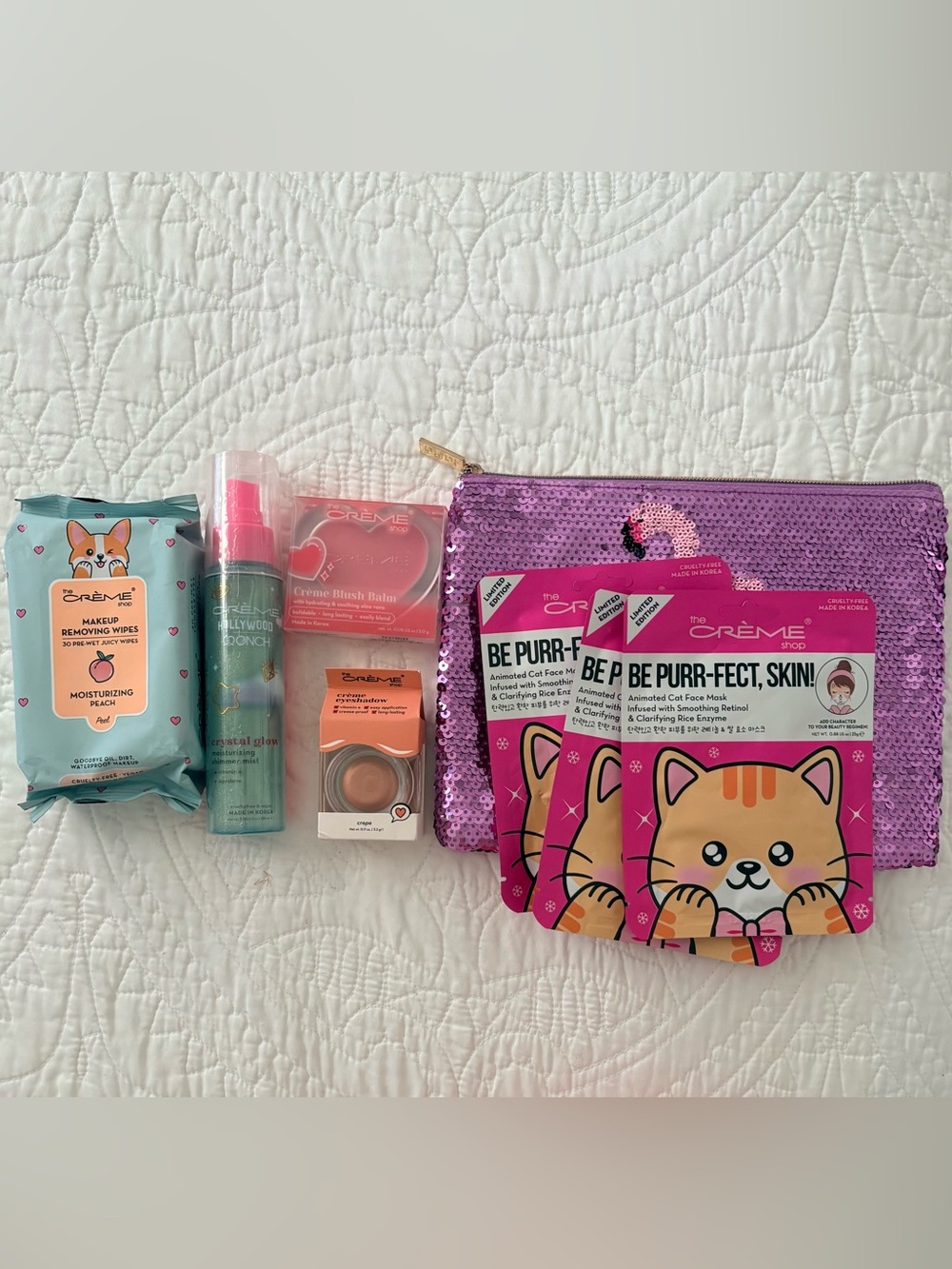 The Crème Shop AMAZING Bundle✨Face Mask Trio, Makeup, Purple Sequin Pouch & More